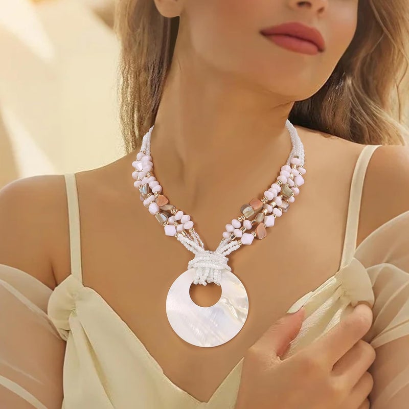 Coiris Shell Pendant Statement Strand Necklace for Women Boho Multi Beads Natural Stone Colorful Necklace Bohemian Handmade Chunky Shell Beaded Collar Jewelry for Women - Image 3